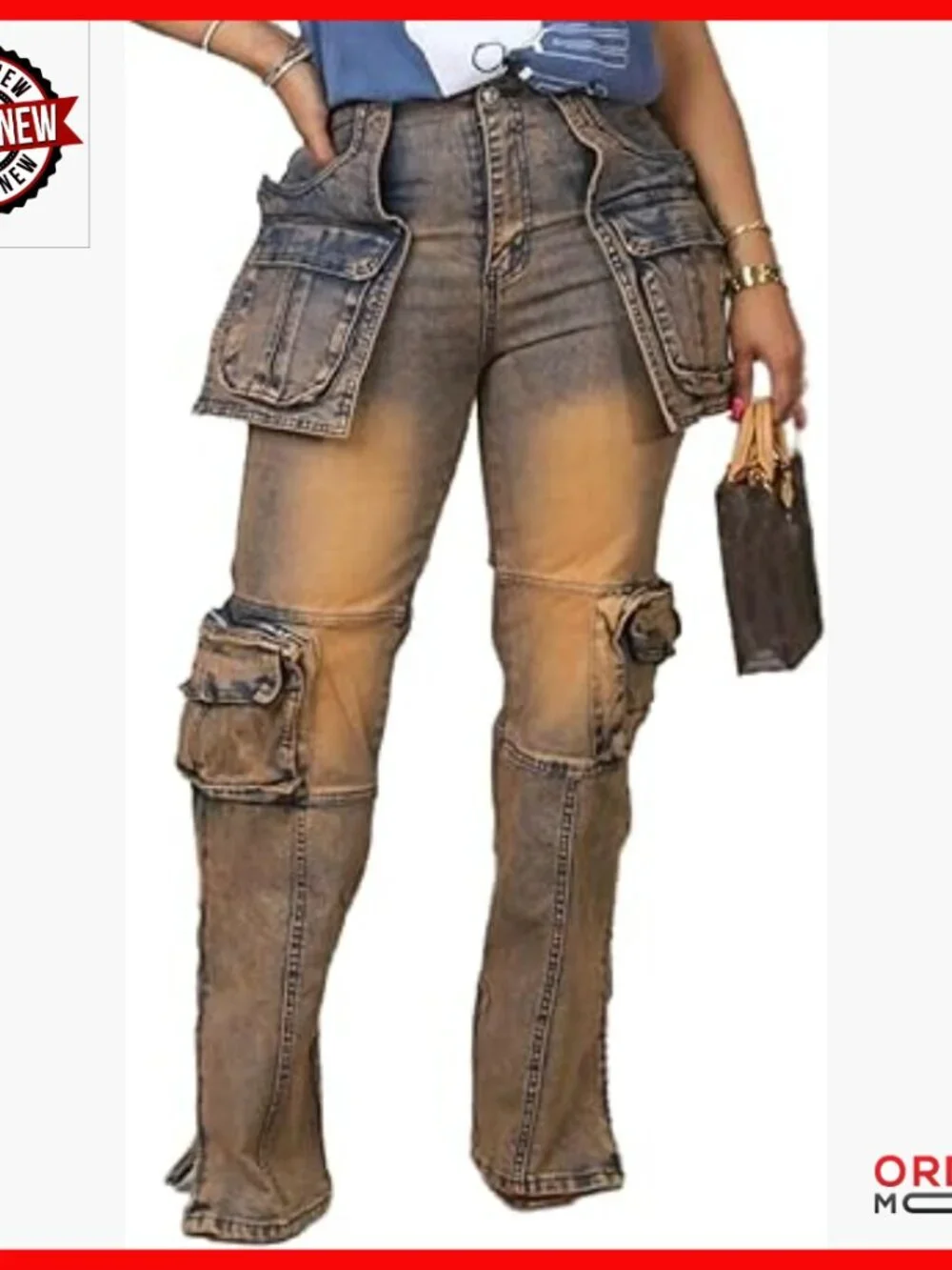 Stretch Cargo Jeans Straight Leg Side Zipper Slit Denim Pants with Pockets